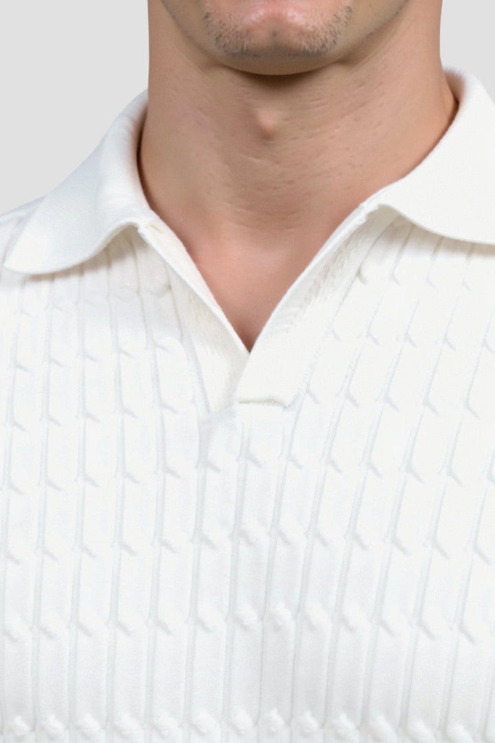 Ivory Textured Knit Polo Shirt