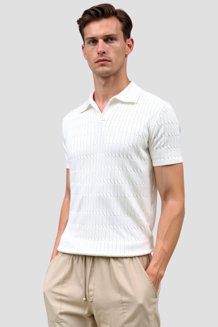 Ivory Textured Knit Polo Shirt