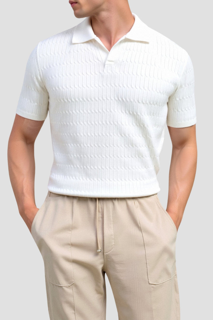 Ivory Textured Knit Polo Shirt