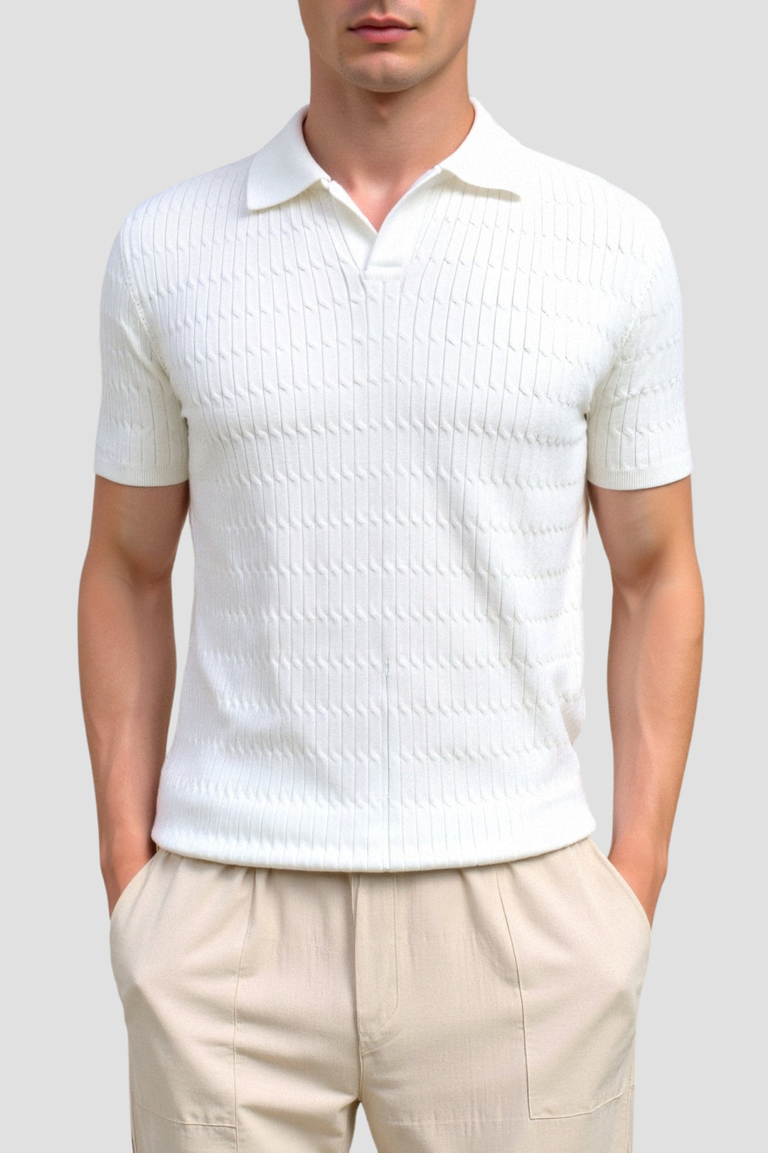 Ivory Textured Knit Polo Shirt