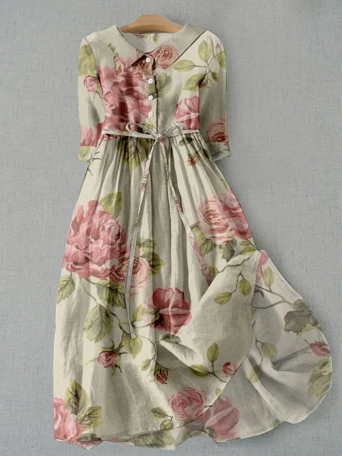 Womens Dress - Vintage Floral Print Summer Dress with Adjustable Waist